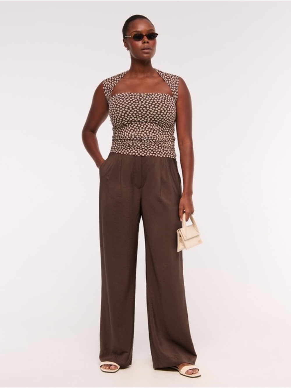 Abercrombie and Fitch Curve Love Sloane Crepe Tailored Wide Leg Pant chestnut